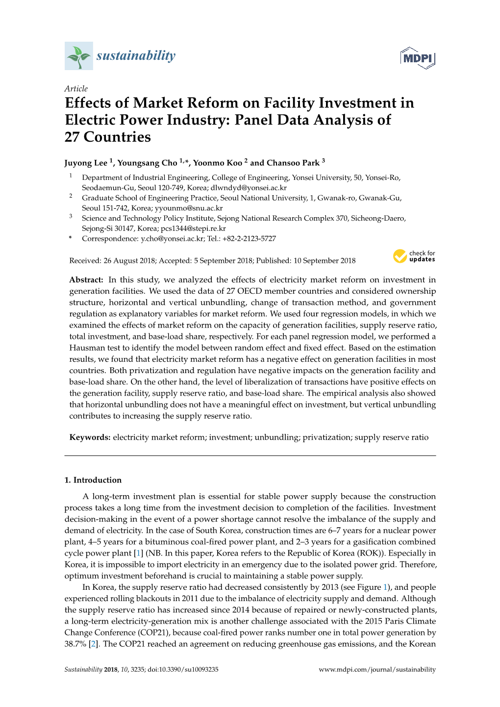 Effects of Market Reform on Facility Investment in Electric Power Industry: Panel Data Analysis of 27 Countries