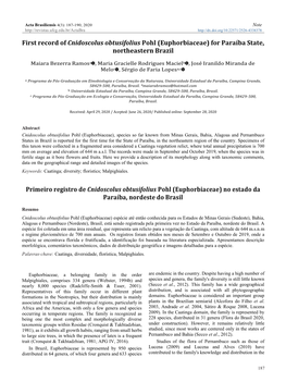 First Record of Cnidoscolus Obtusifolius Pohl (Euphorbiaceae) for Paraíba State, Northeastern Brazil