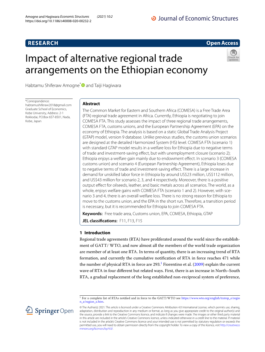 Impact of Alternative Regional Trade Arrangements on the Ethiopian Economy