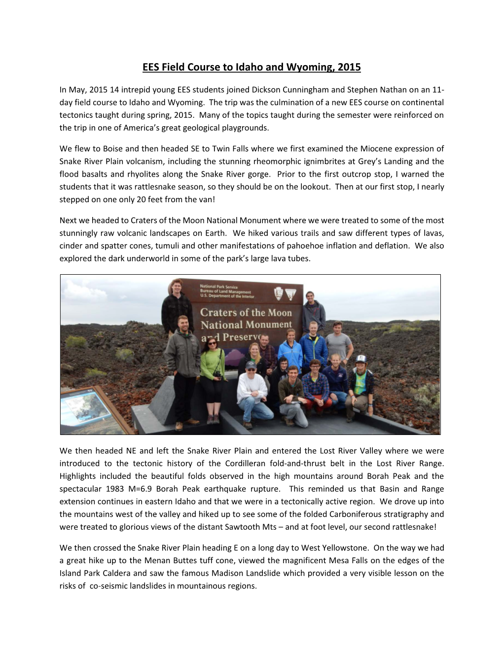 EES Field Course to Idaho and Wyoming, 2015