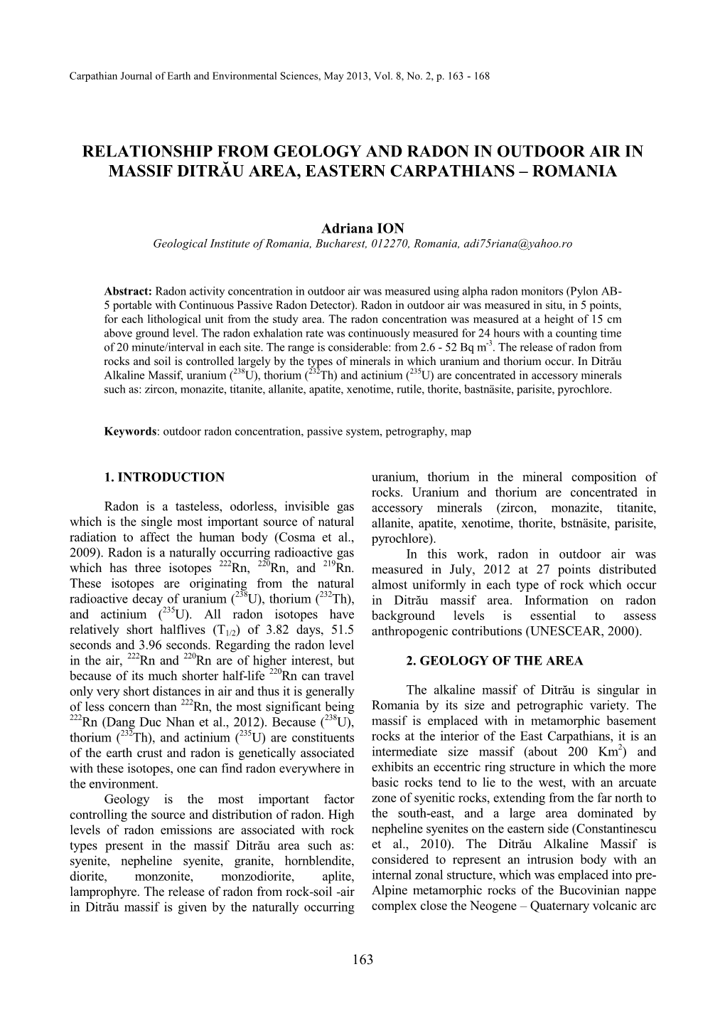 Relationship from Geology and Radon in Outdoor Air in Massif Ditrău Area, Eastern Carpathians – Romania