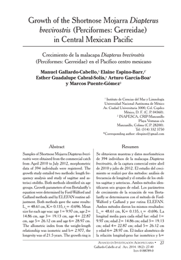 Growth of the Shortnose Mojarra Diapterus Brevirostris (Perciformes: Gerreidae) in Central Mexican Pacific