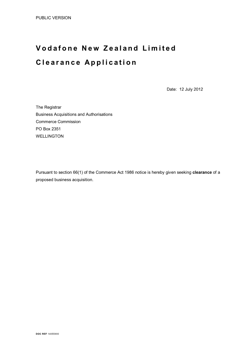 Vodafone New Zealand Limited Clearance Application