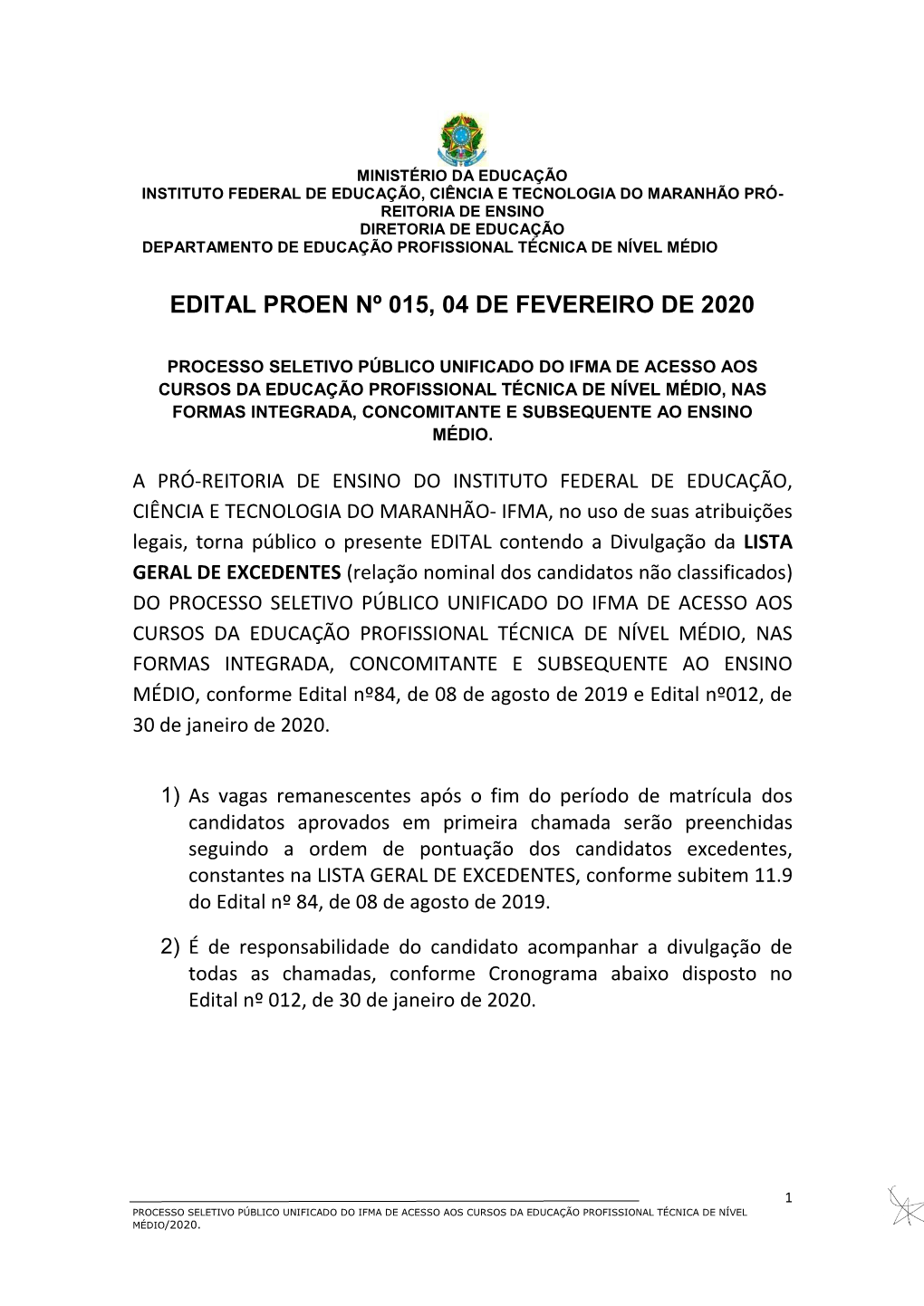 Edital Proen Nº 015, 04 De Fevereiro De 2020