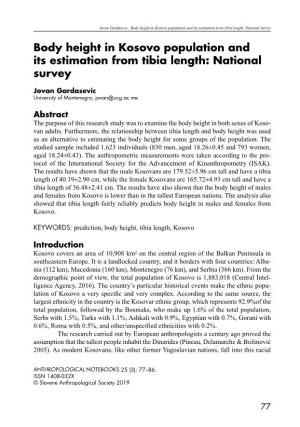 Body Height in Kosovo Population and Its Estimation from Tibia Length: National Survey
