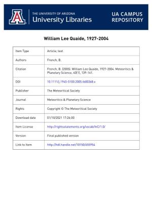 Memorial William L. Quaide, 1927–2004
