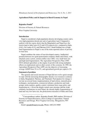 Agricultural Policy and Its Impacts in Rural Economy in Nepal