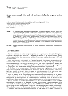 Actual Evapotranspiration and Soil Moisture Studies in Irrigated Cotton Fields