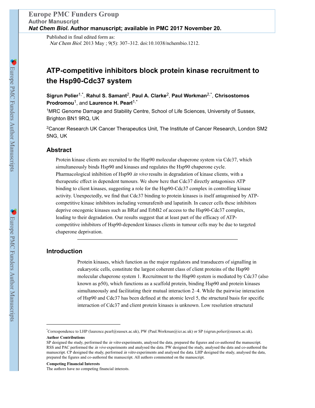 ATP-Competitive Inhibitors Block Protein Kinase Recruitment to the Hsp90-Cdc37 System