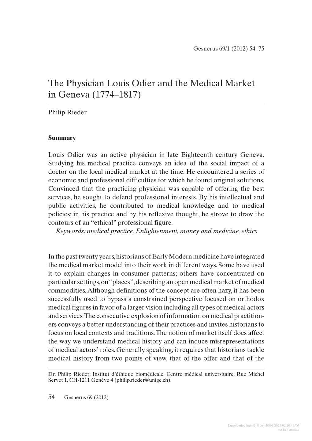 The Physician Louis Odier and the Medical Market in Geneva (1774–1817)