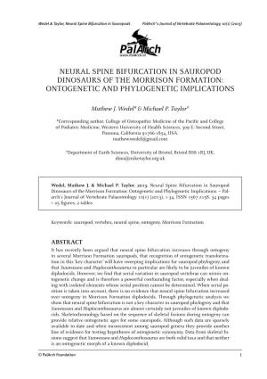 Neural Spine Bifurcation in Sauropods Palarch’S Journal of Vertebrate Palaeontology, 10(1) (2013)