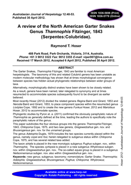 A Review of the North American Garter Snakes Genus Thamnophis Fitzinger, 1843 (Serpentes:Colubridae)