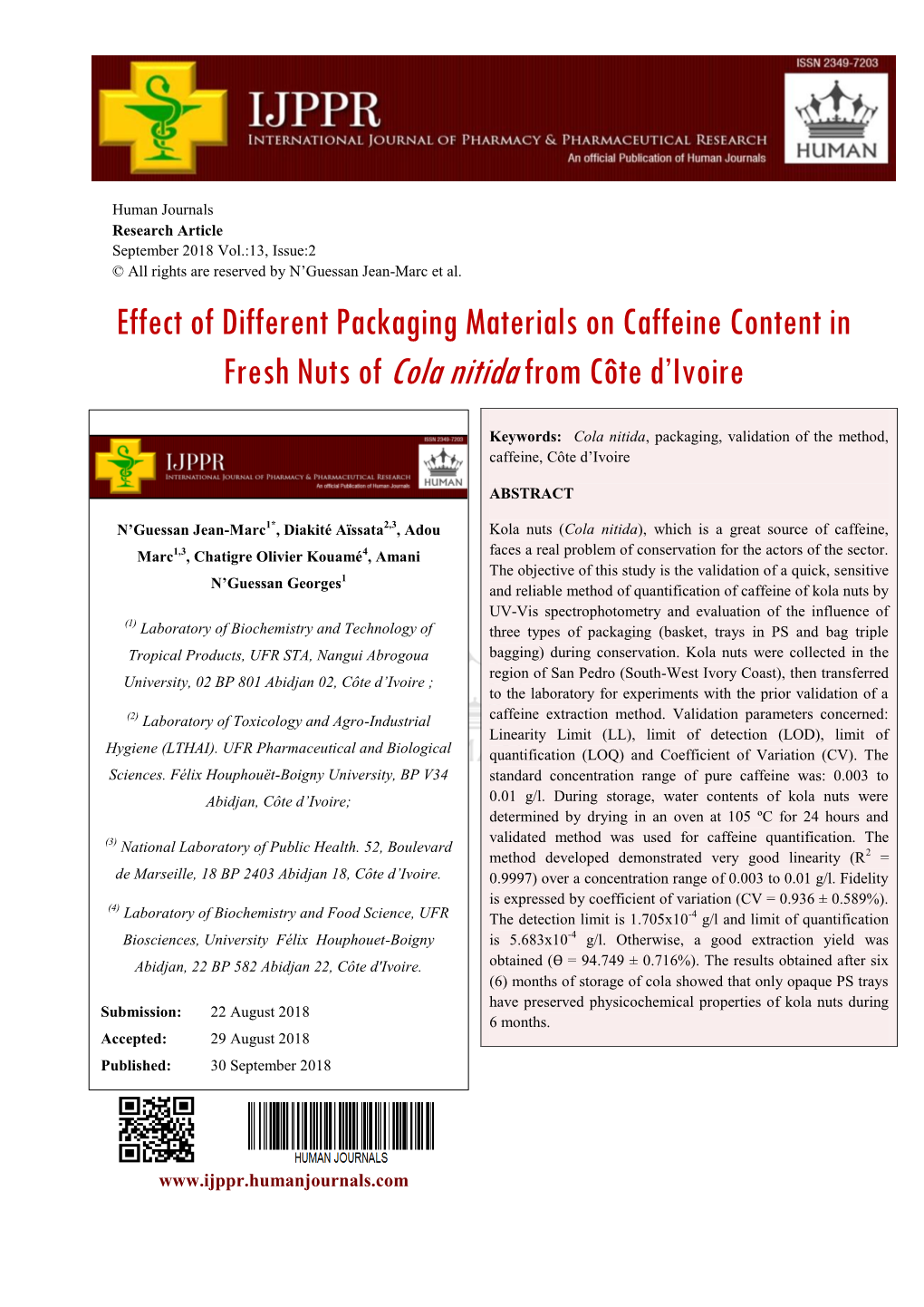 Effect of Different Packaging Materials on Caffeine Content in Fresh Nuts of Cola Nitidafrom Côte D'ivoire