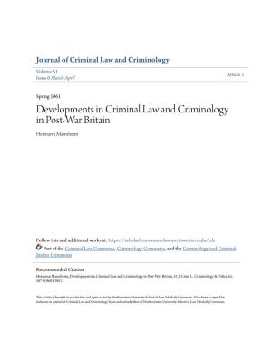 Developments in Criminal Law and Criminology in Post-War Britain Hermann Mannheim