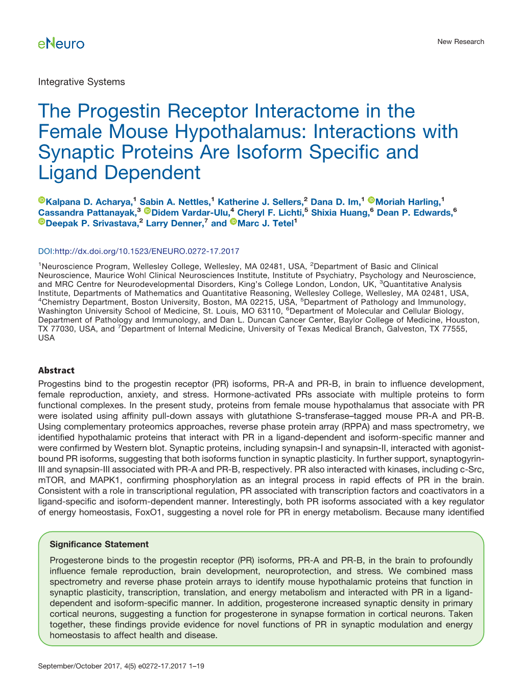 The Progestin Receptor Interactome in the Female Mouse Hypothalamus: Interactions with Synaptic Proteins Are Isoform Specific and Ligand Dependent