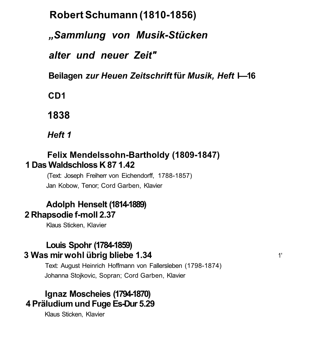 Robert Schumann (1810-1856) „Sammlung Von Musik-Stücken Alter Und Neuer Zeit"