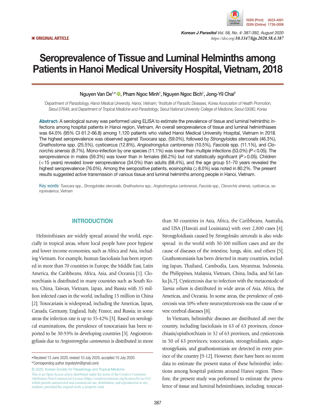 Seroprevalence of Tissue and Luminal Helminths Among Patients in Hanoi Medical University Hospital, Vietnam, 2018