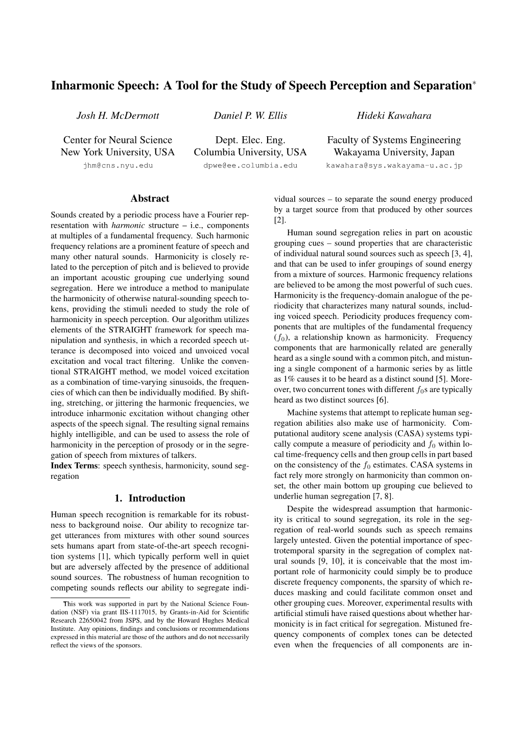 Inharmonic Speech: a Tool for the Study of Speech Perception and Separation∗