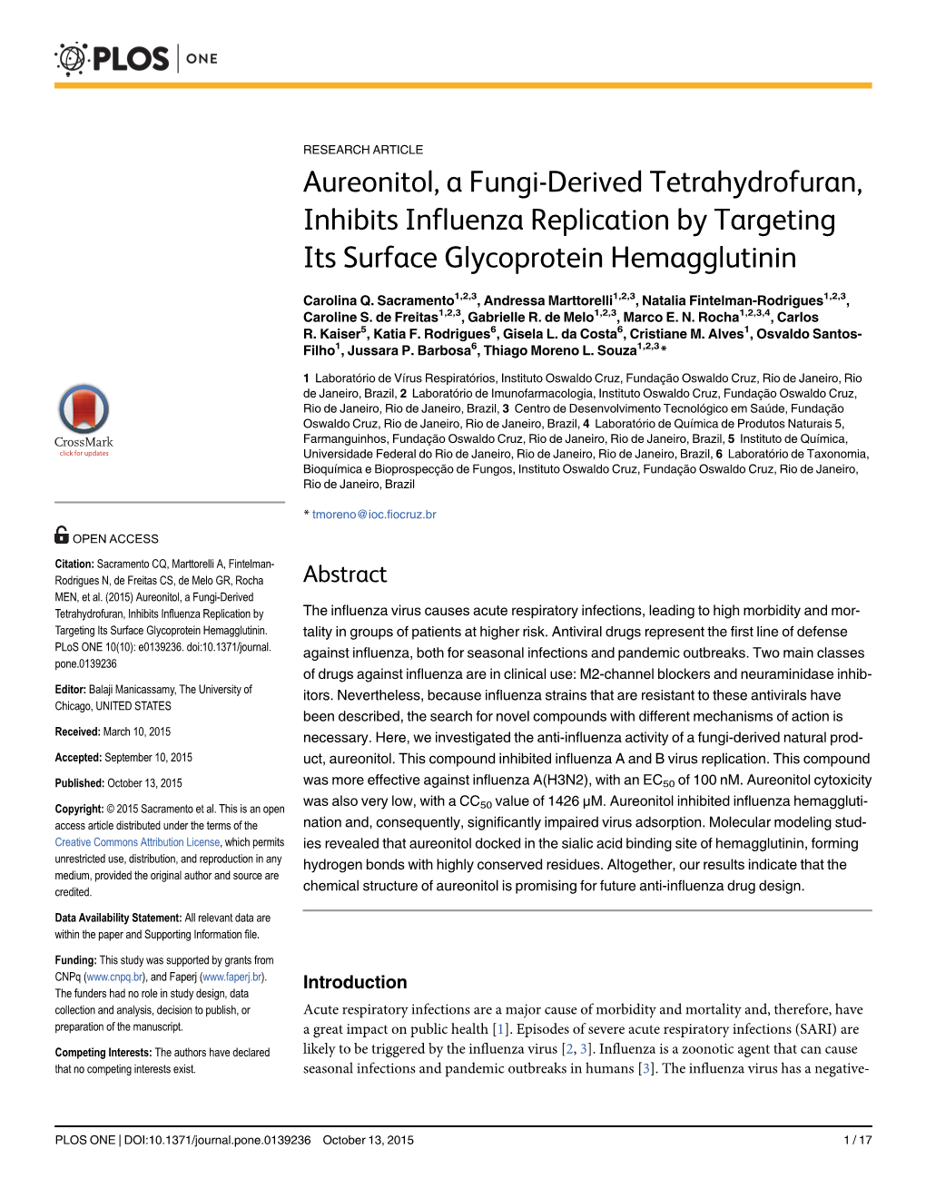 Aureonitol, a Fungi-Derived Tetrahydrofuran, Inhibits Influenza Replication by Targeting Its Surface Glycoprotein Hemagglutinin