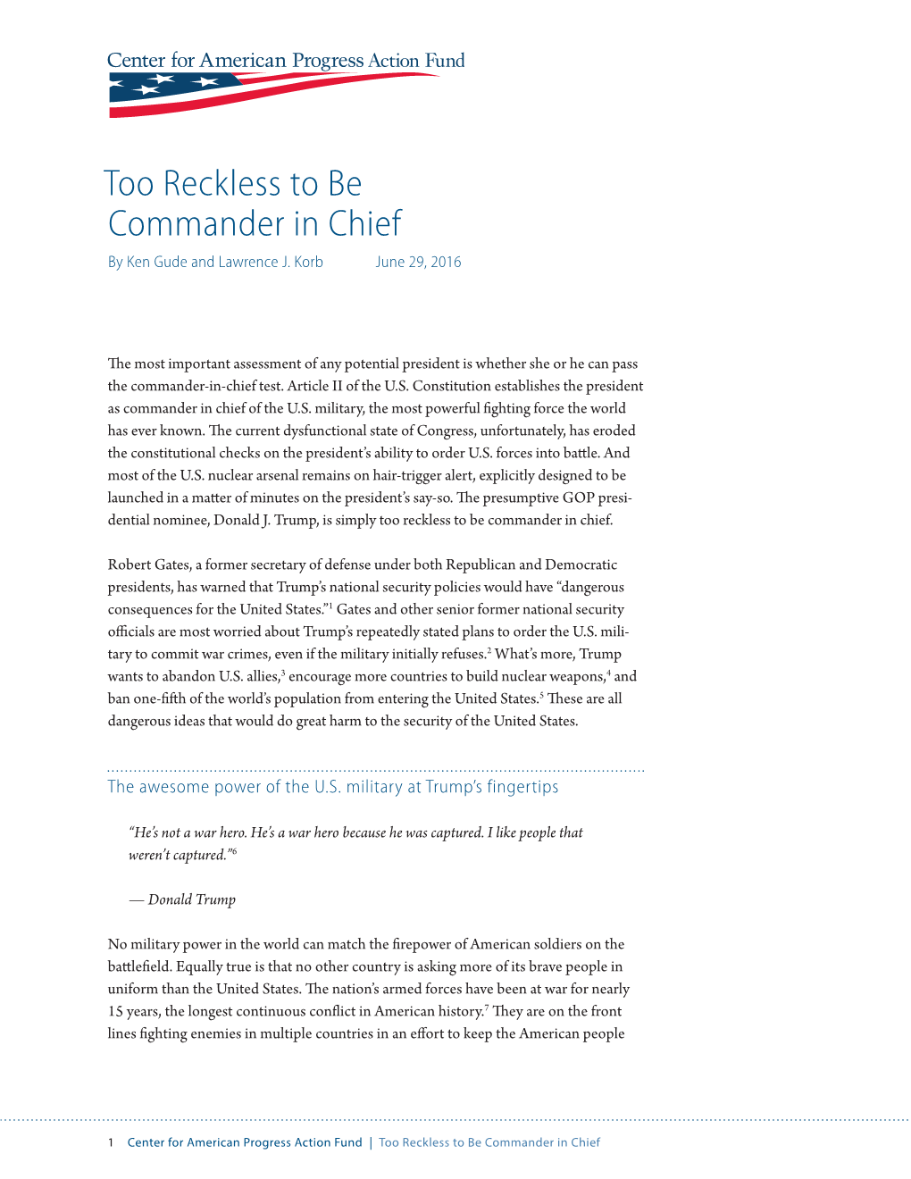 Too Reckless to Be Commander in Chief by Ken Gude and Lawrence J