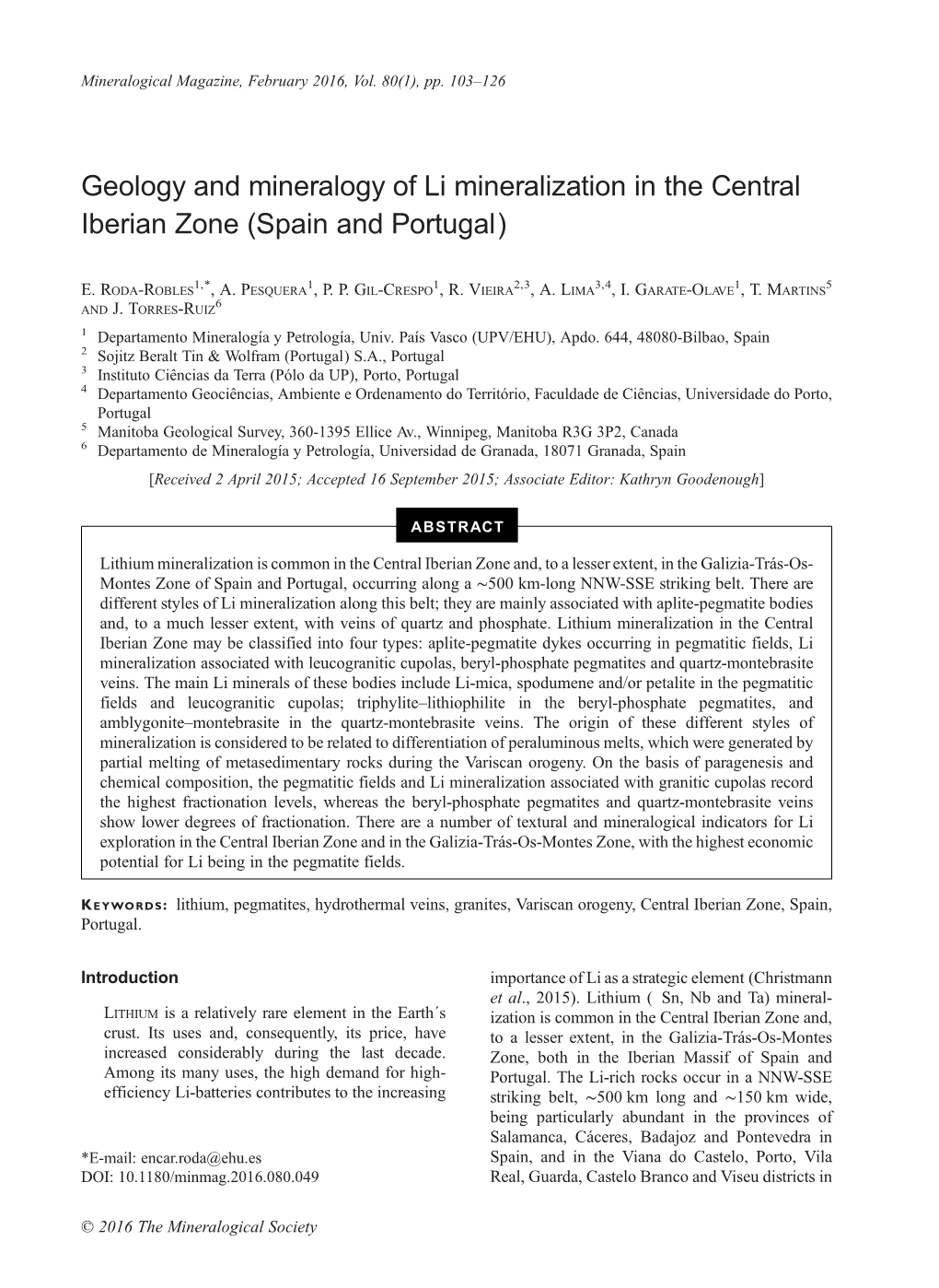 Geology and Mineralogy of Li Mineralization in the Central Iberian Zone (Spain and Portugal)