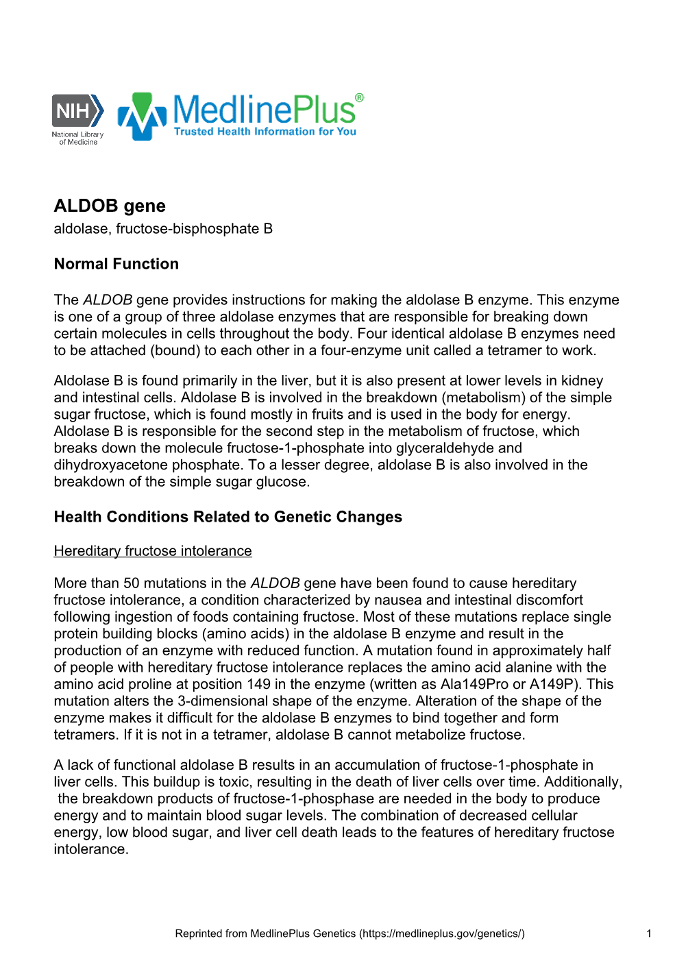 ALDOB Gene Aldolase, Fructose-Bisphosphate B