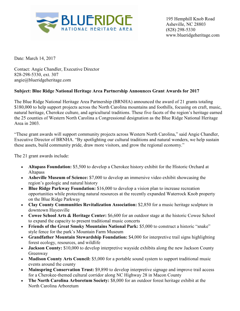 Blue Ridge National Heritage Area Partnership Announces Grant Awards for 2017
