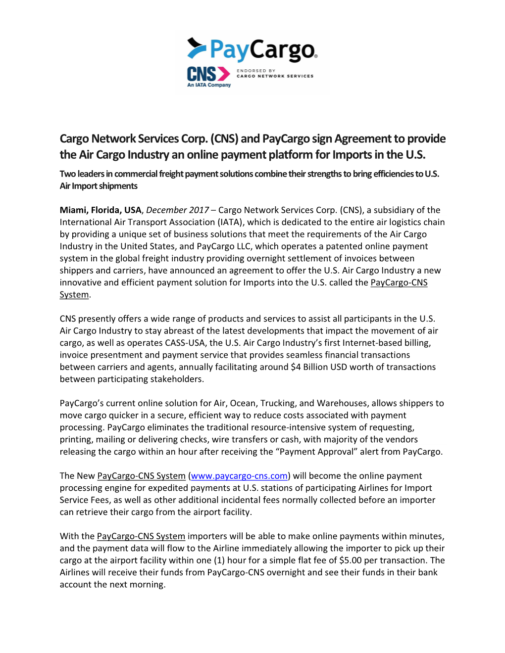 And Paycargo Sign Agreement to Provide the Air Cargo Industry an Online Payment Platform for Imports in the U.S