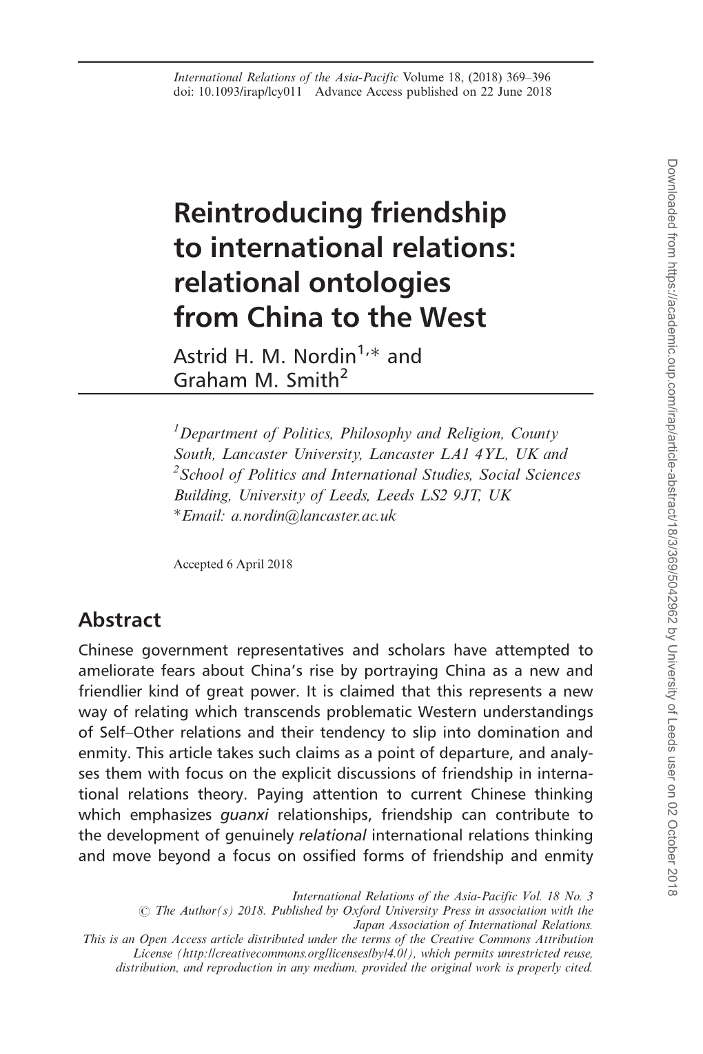 Reintroducing Friendship to International Relations: Relational Ontologies from China to the West Ã Astrid H