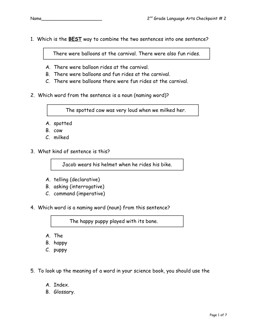 Name______2Nd Grade Language Arts Checkpoint # 2