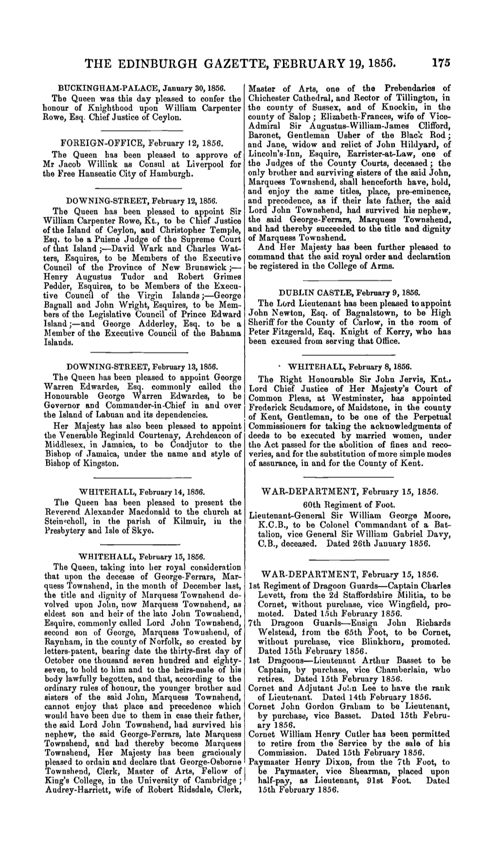 The Edinburgh Gazette, February 19, 1856. 175