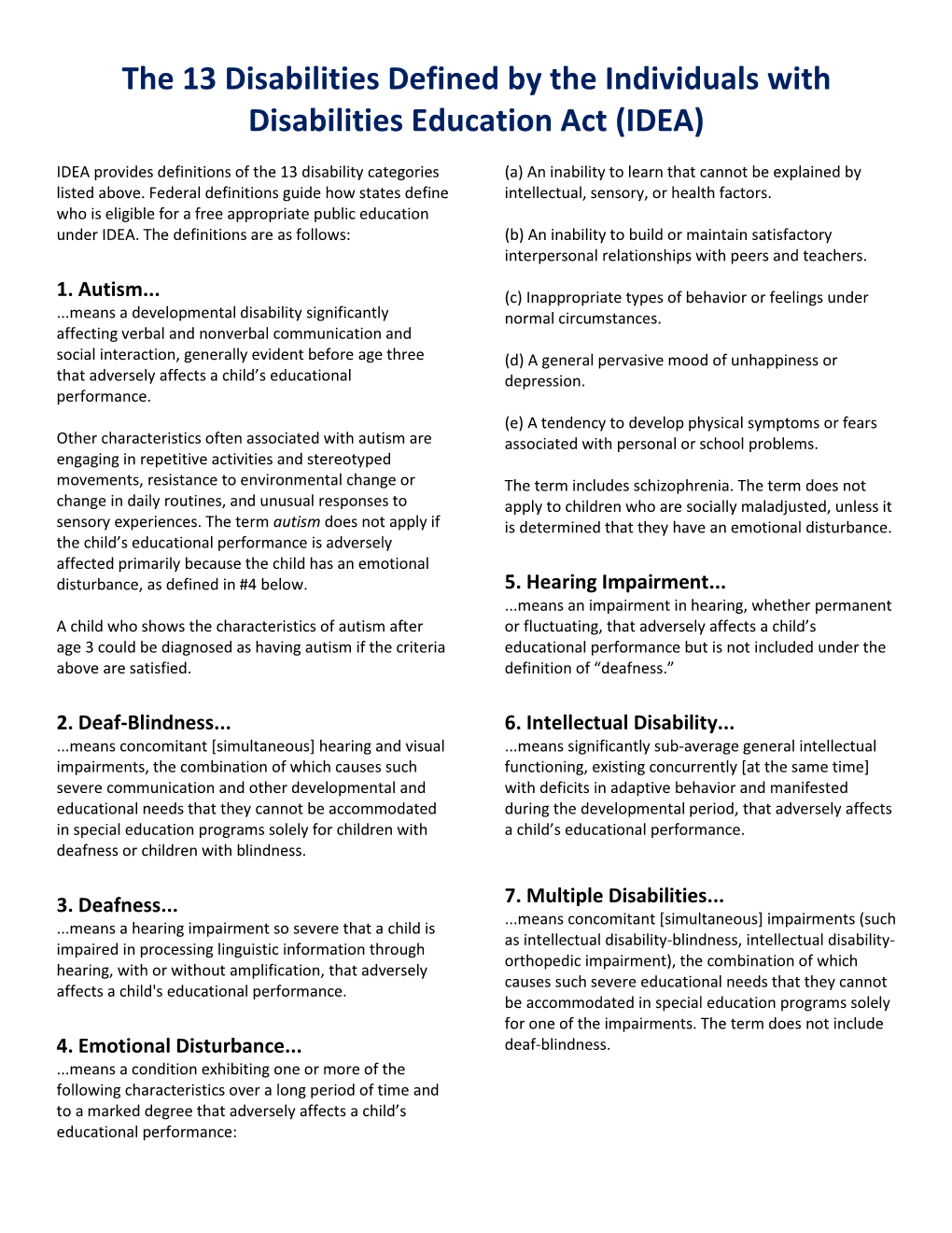 Disabilities Categories As Defined by IDEA