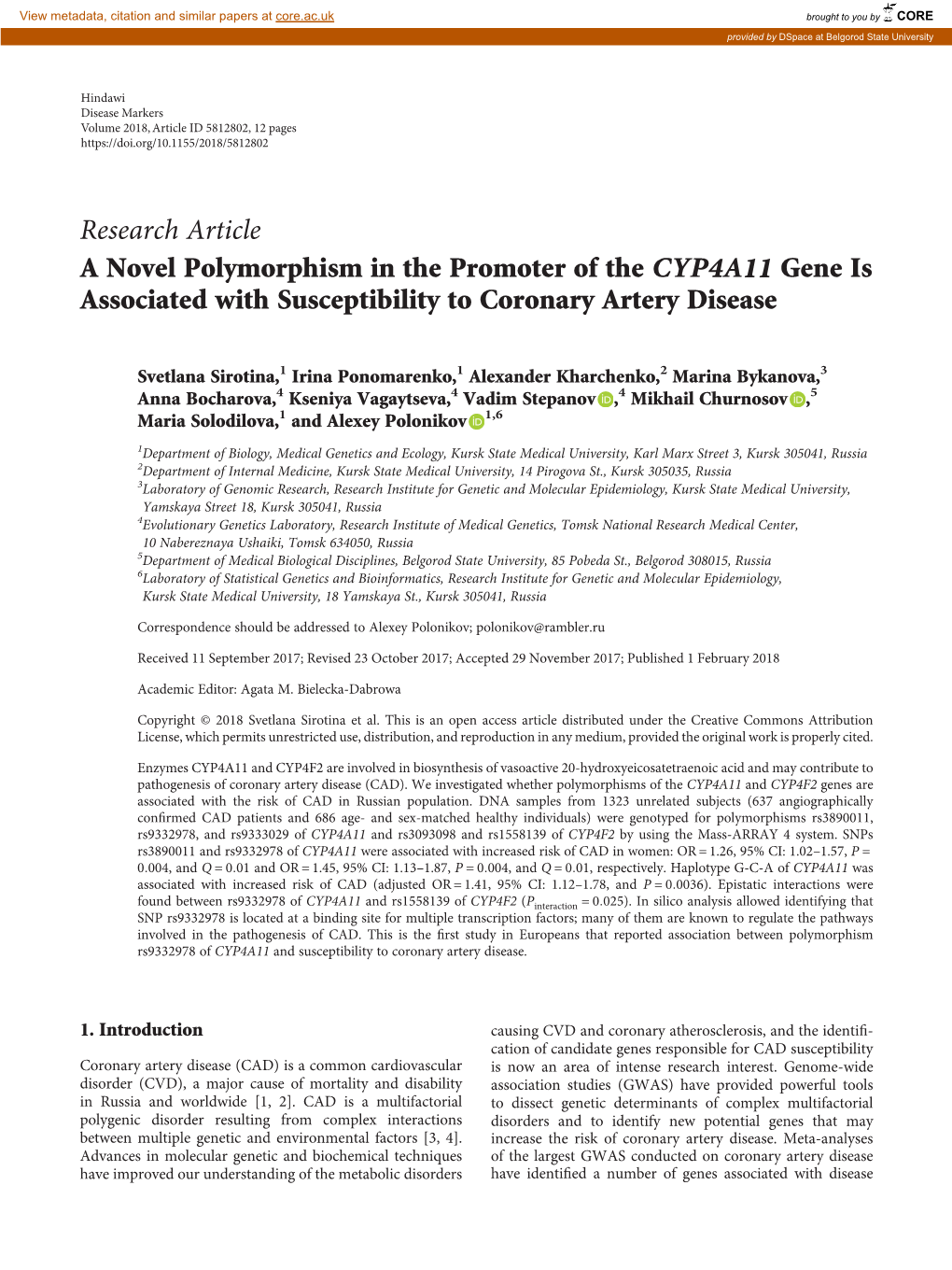 Research Article a Novel Polymorphism in the Promoter of the CYP4A11 Gene Is Associated with Susceptibility to Coronary Artery Disease