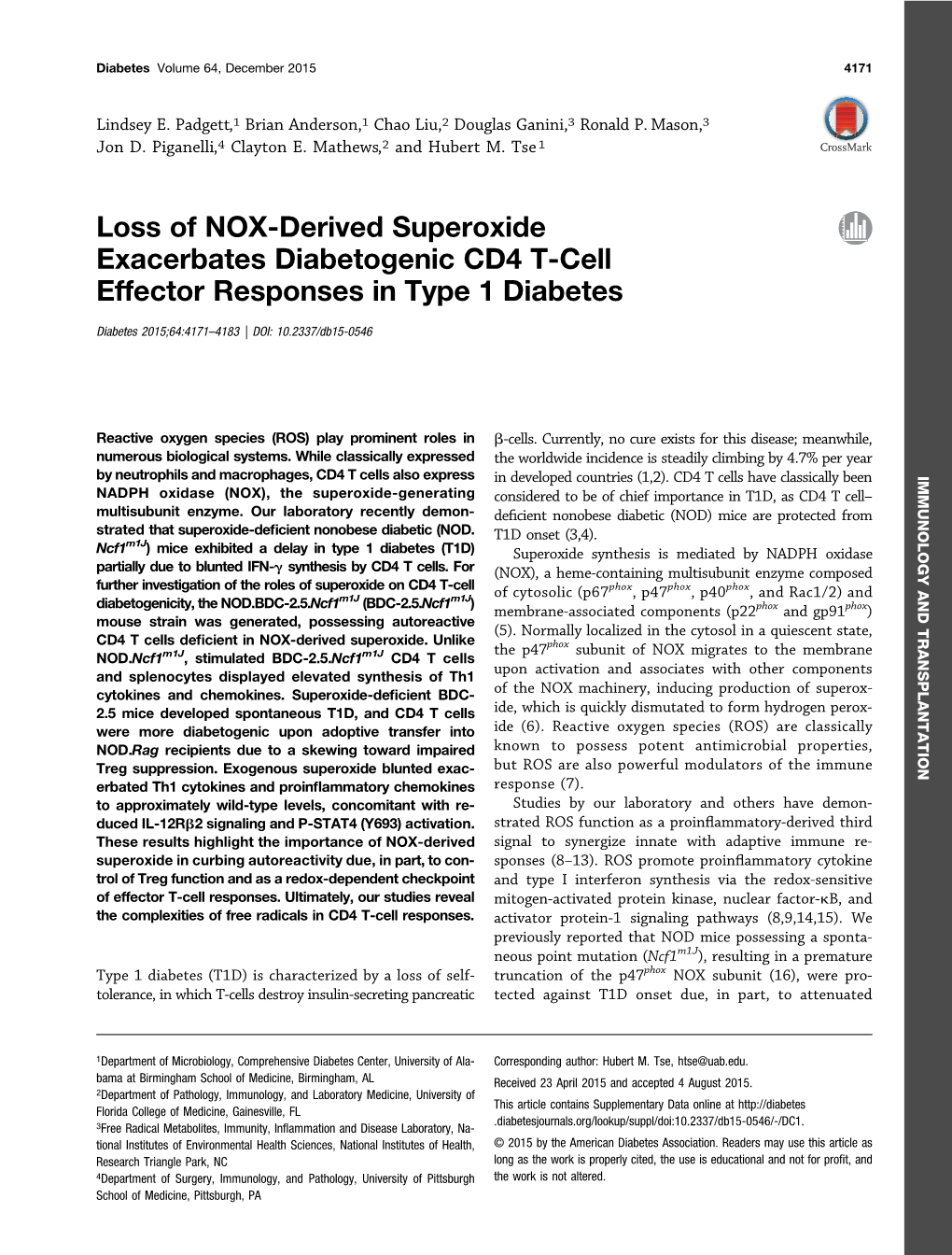 Loss of NOX-Derived Superoxide Exacerbates Diabetogenic CD4 T-Cell Effector Responses in Type 1 Diabetes