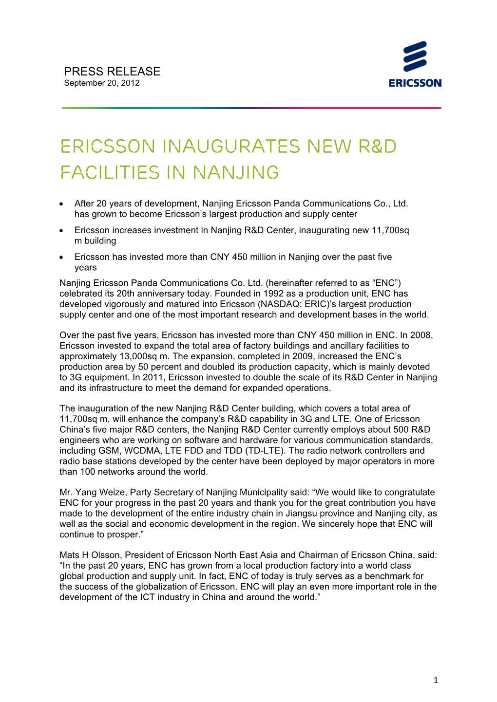 Ericsson Inaugurates New R&D Facilities in Nanjing