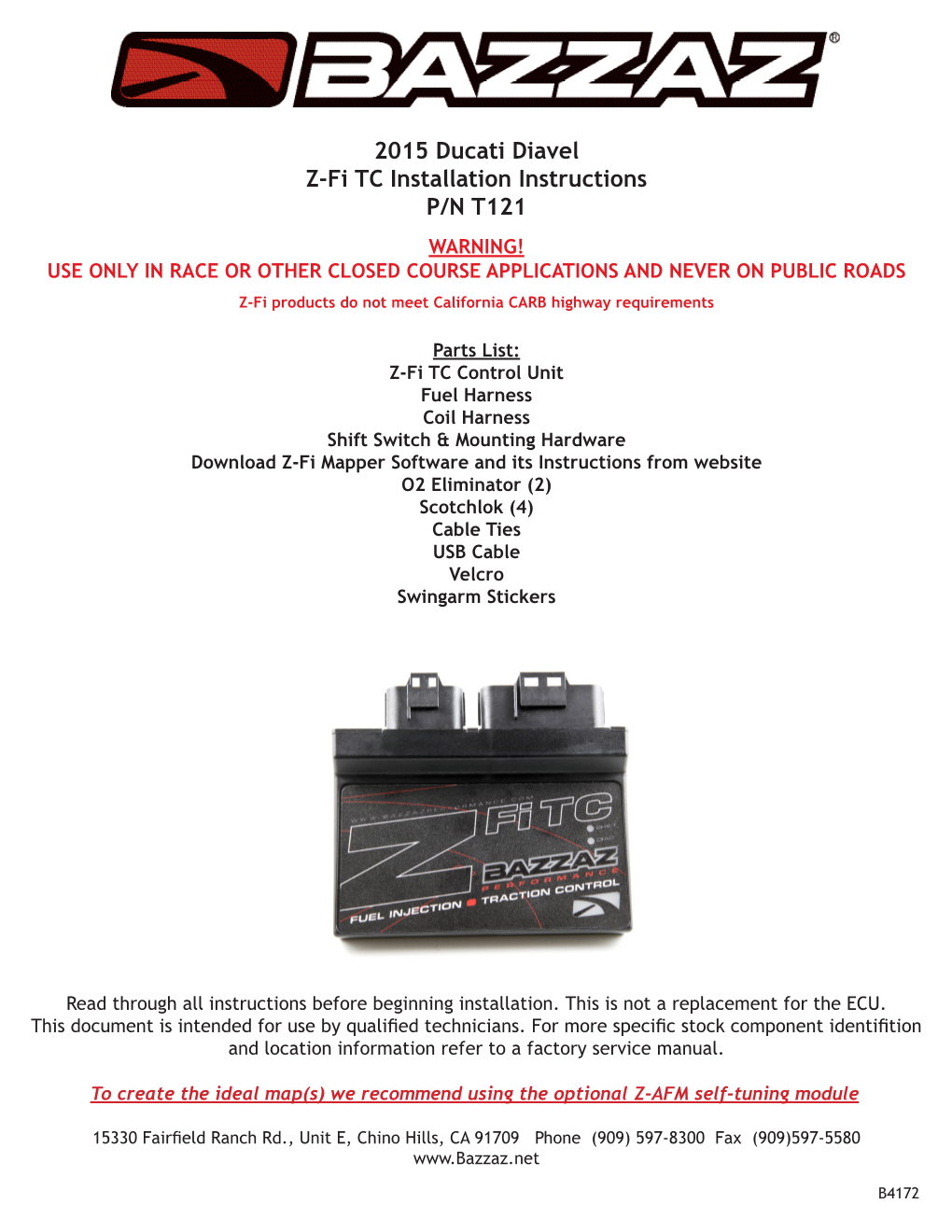 2015 Ducati Diavel Z-Fi TC Installation Instructions P/N T121