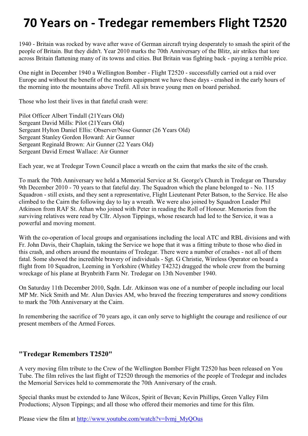 70 Years on - Tredegar Remembers Flight T2520