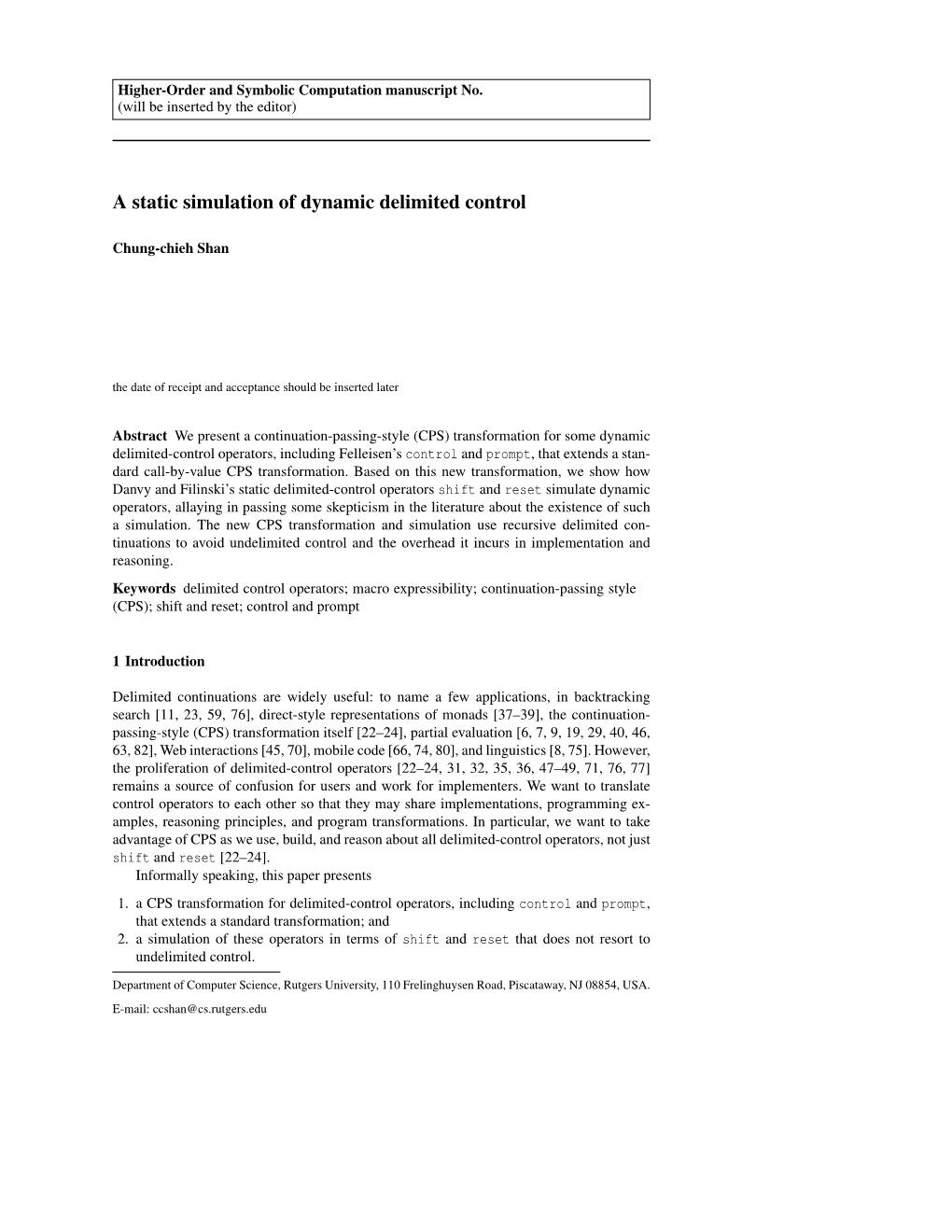 A Static Simulation of Dynamic Delimited Control