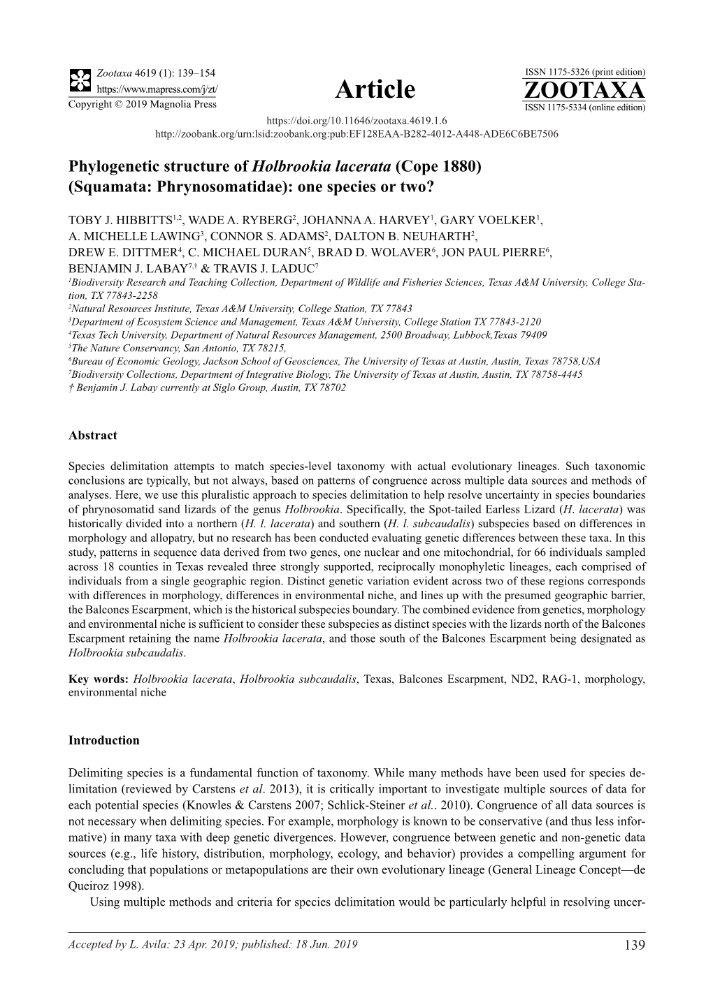 Phylogenetic Structure of Holbrookia Lacerata (Cope 1880) (Squamata: Phrynosomatidae): One Species Or Two?