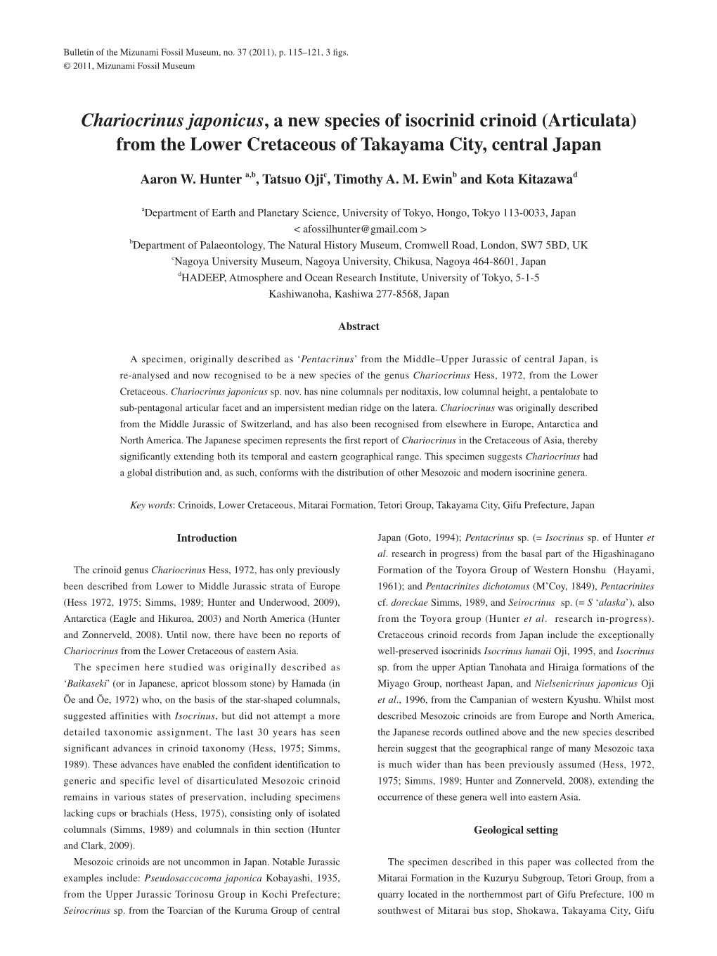 Chariocrinus Japonicus, a New Species of Isocrinid Crinoid (Articulata) from the Lower Cretaceous of Takayama City, Central Japan