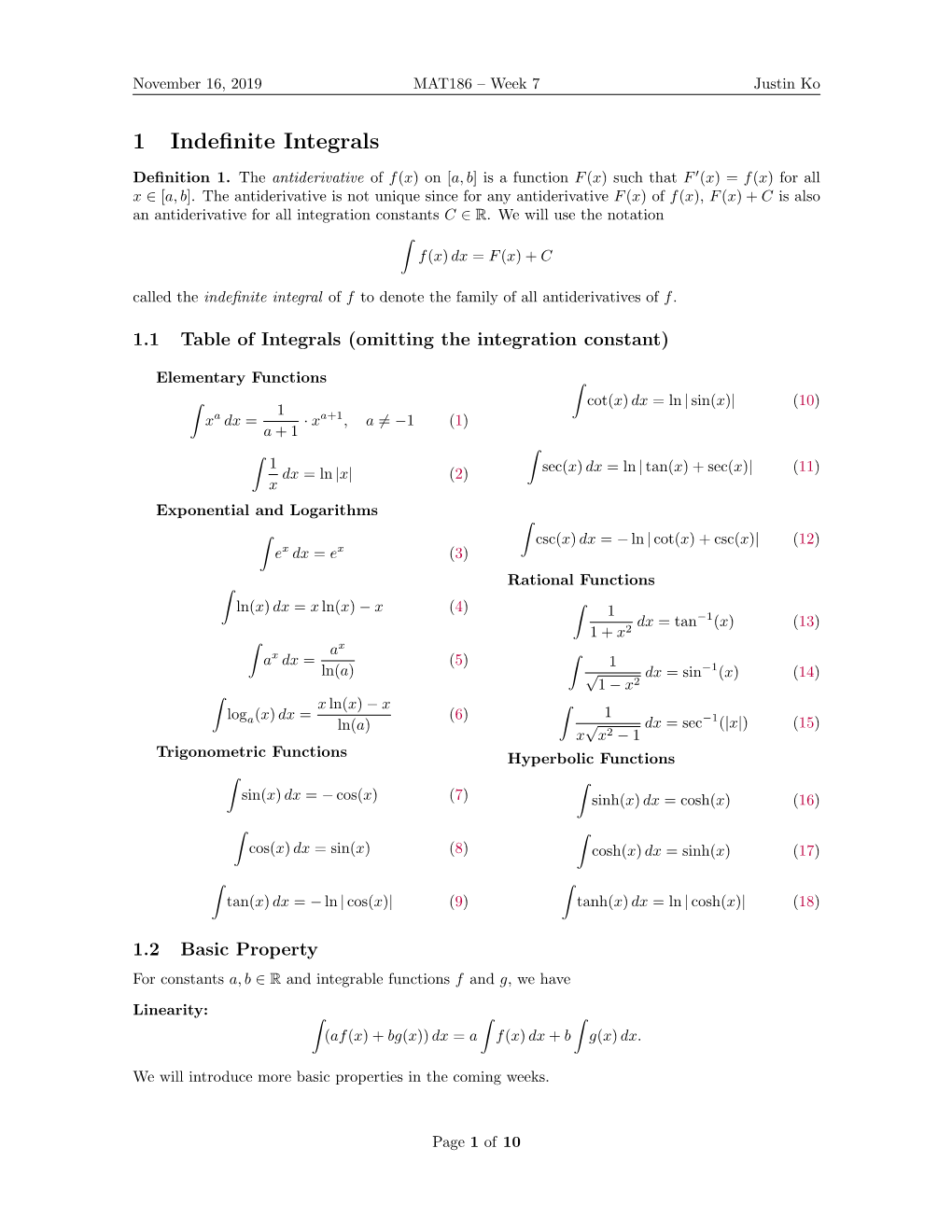 1 Indefinite Integrals