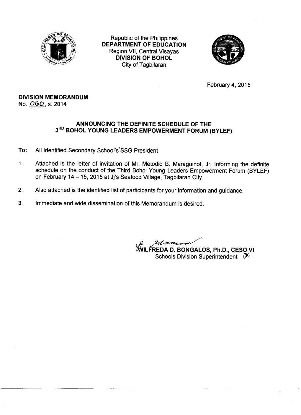 Republic of the Philippines DEPARTMENT of EDUCATION Region VII, Central Visayas DIVISION of BOHOL City of Tagbilaran