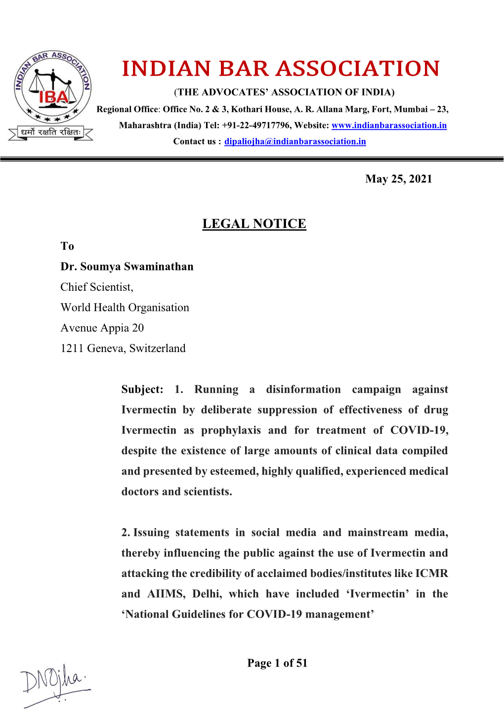 LEGAL NOTICE to Dr. Soumya Swaminathan Chief Scientist Of