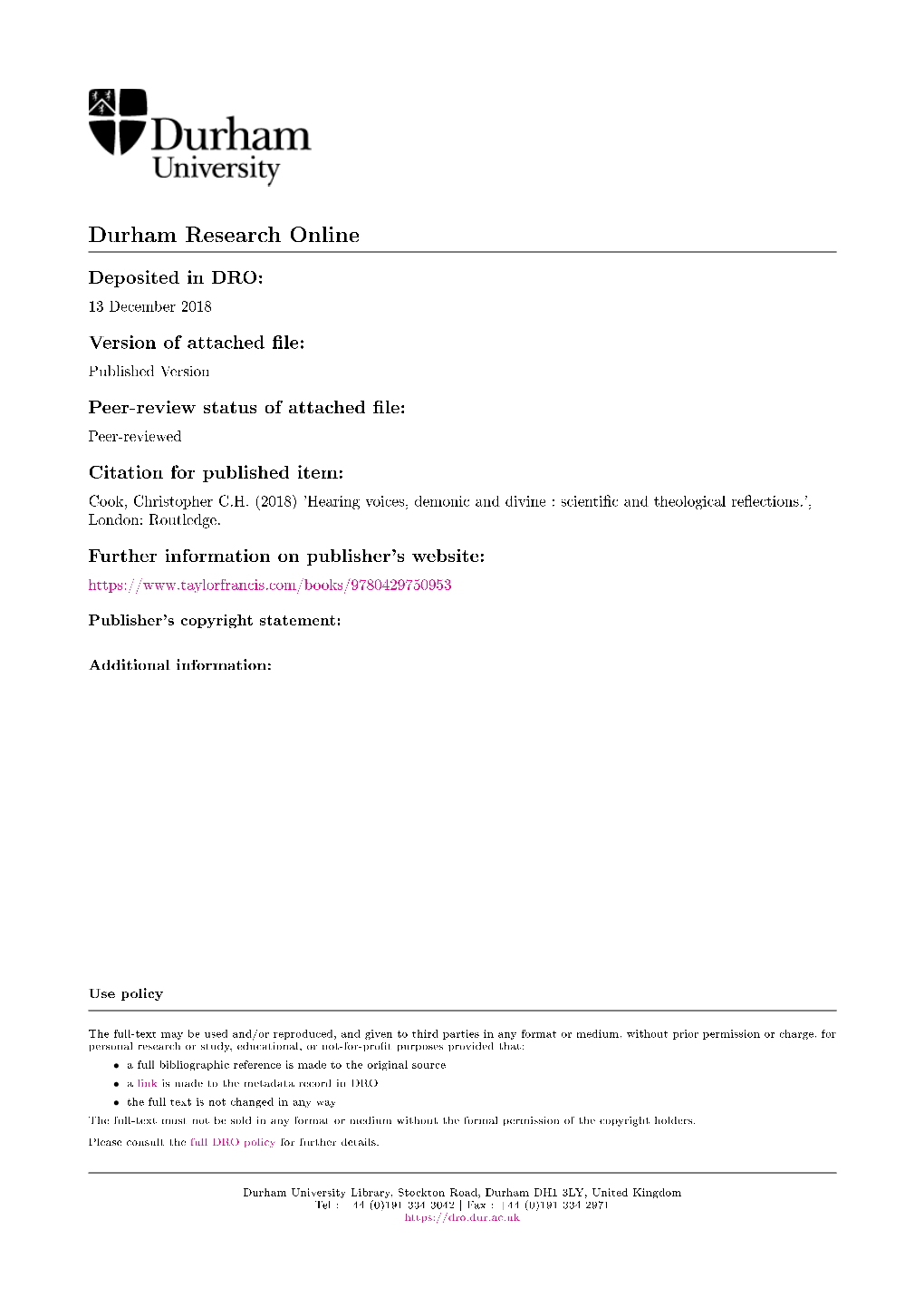 13 December 2018 Version of Attached Le: Published Version Peer-Review Status of Attached Le: Peer-Reviewed Citation for Published Item: Cook, Christopher C.H