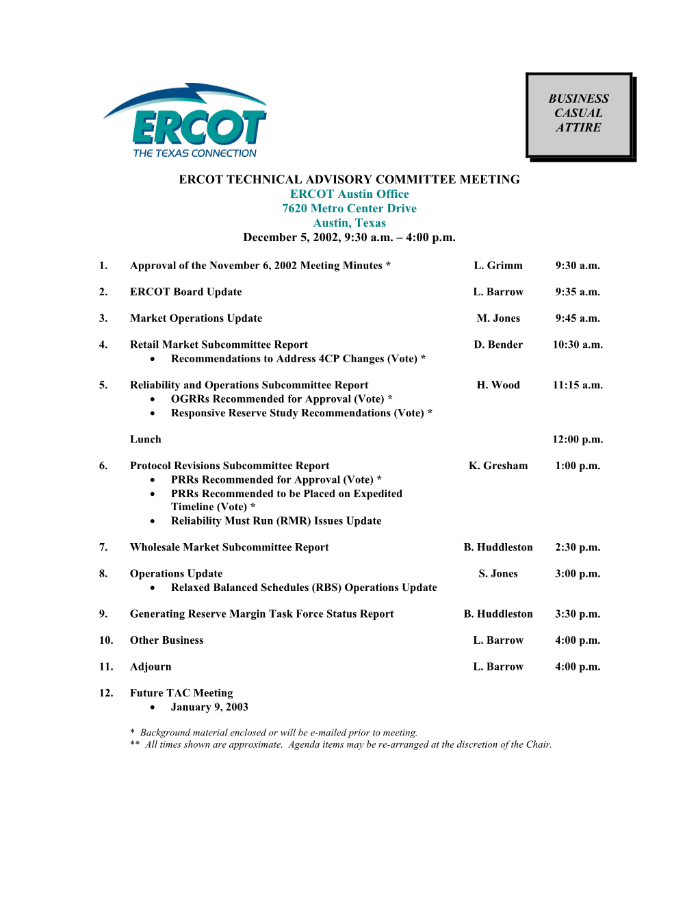 Ercot Technical Advisory Committee Meeting