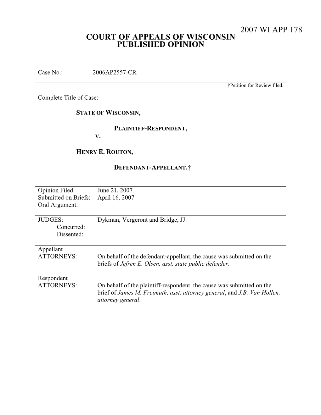 2007 Wi App 178 Court of Appeals of Wisconsin Published Opinion