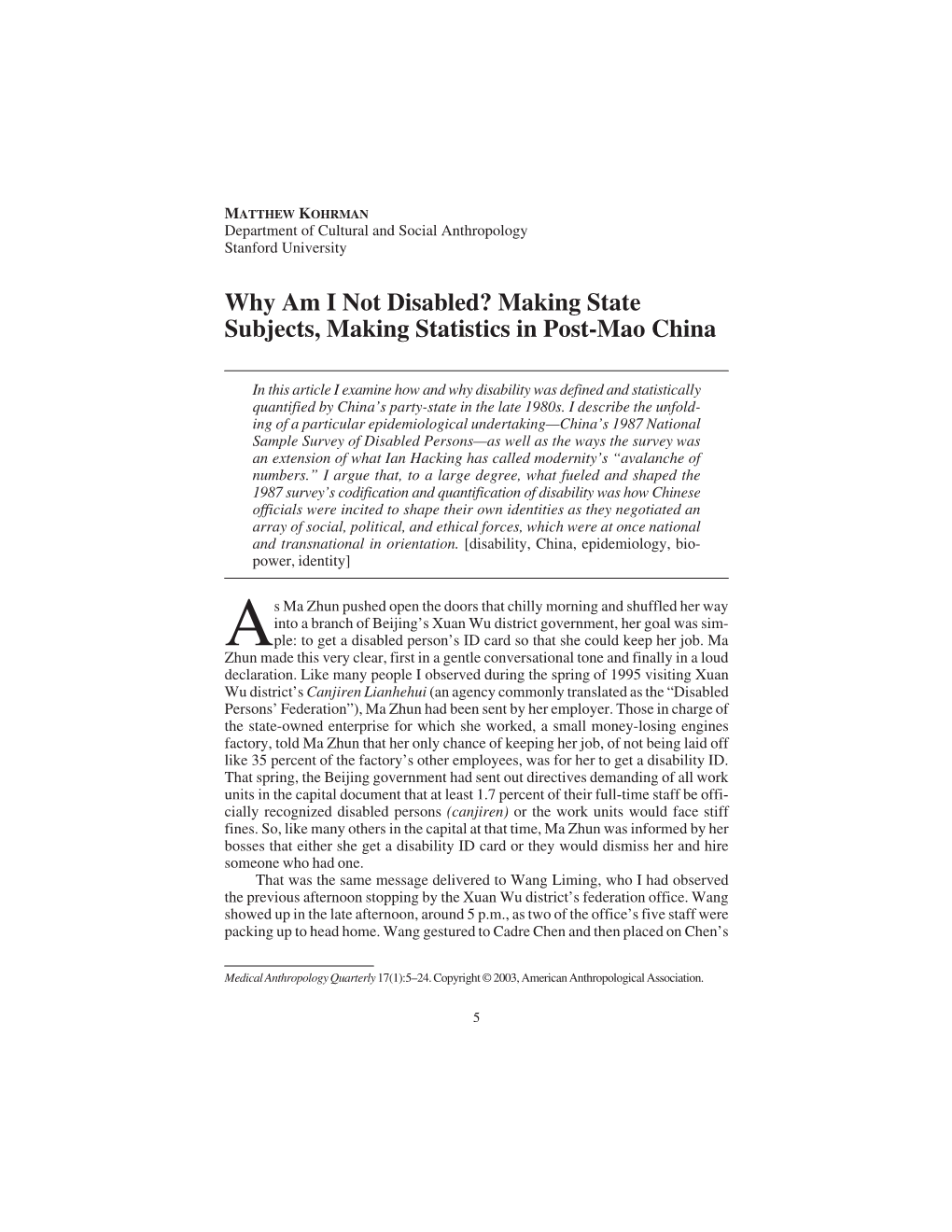 Why Am I Not Disabled? Making State Subjects, Making Statistics in Post-Mao China