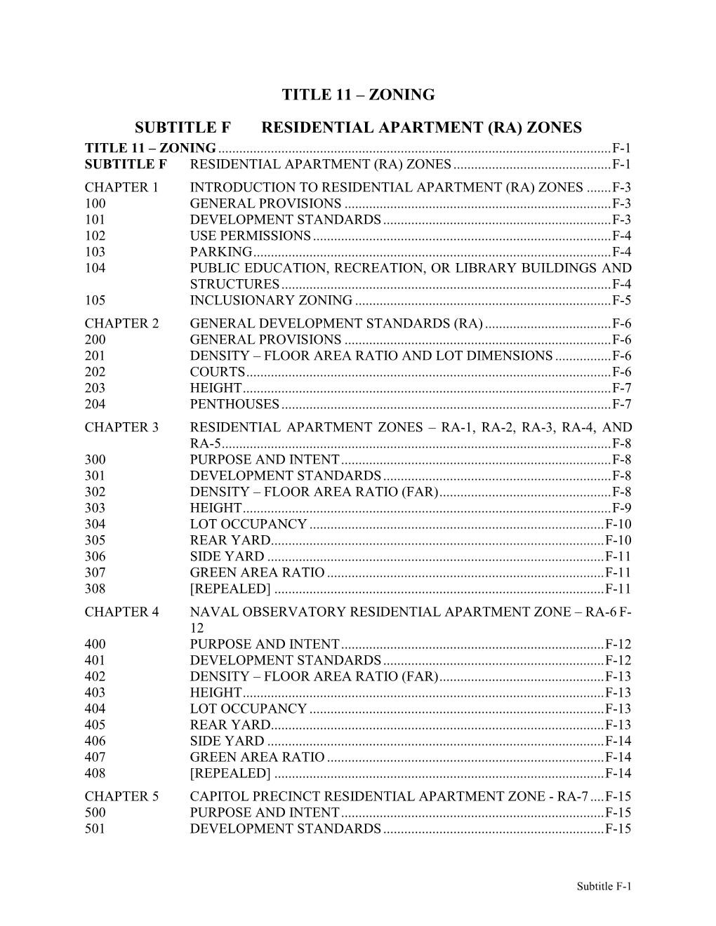 Title 11 – Zoning Subtitle F Residential Apartment (Ra)