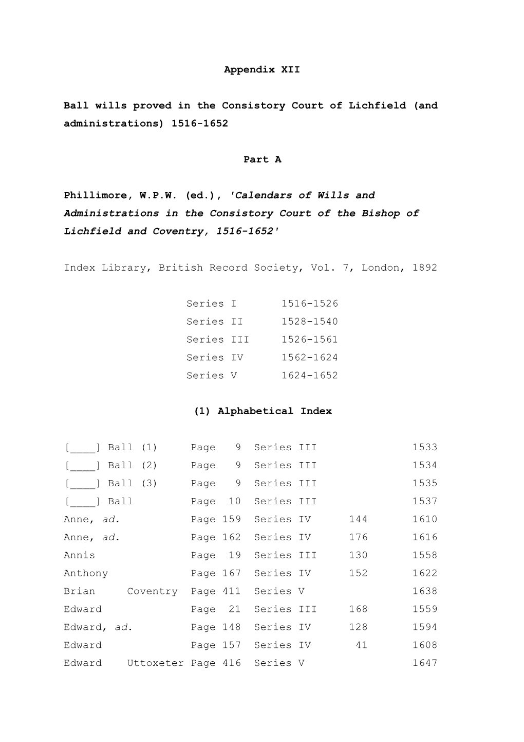 Appendix XII Ball Wills Proved in the Consistory Court of Lichfield (And