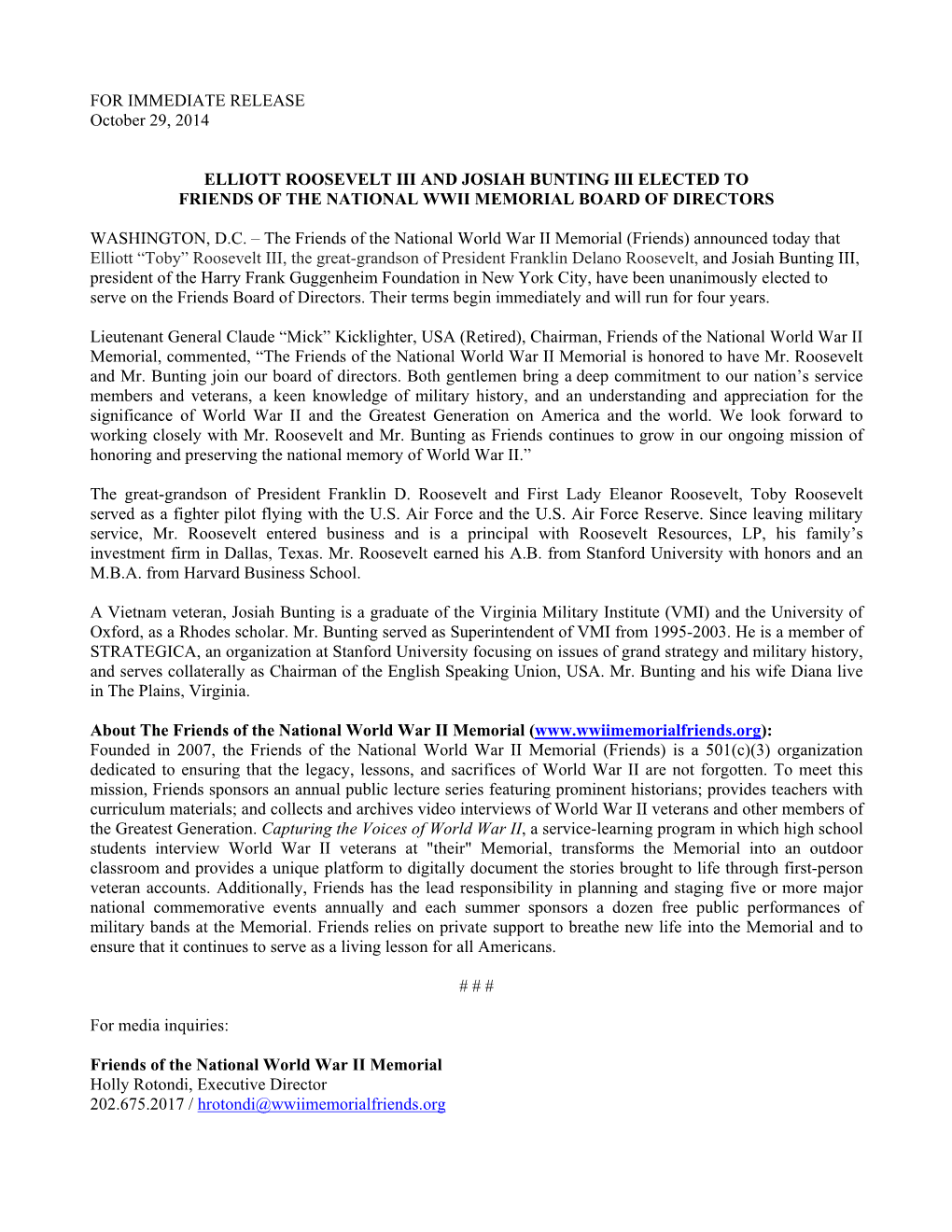 Elliott Roosevelt Iii and Josiah Bunting Iii Elected to Friends of the National Wwii Memorial Board of Directors